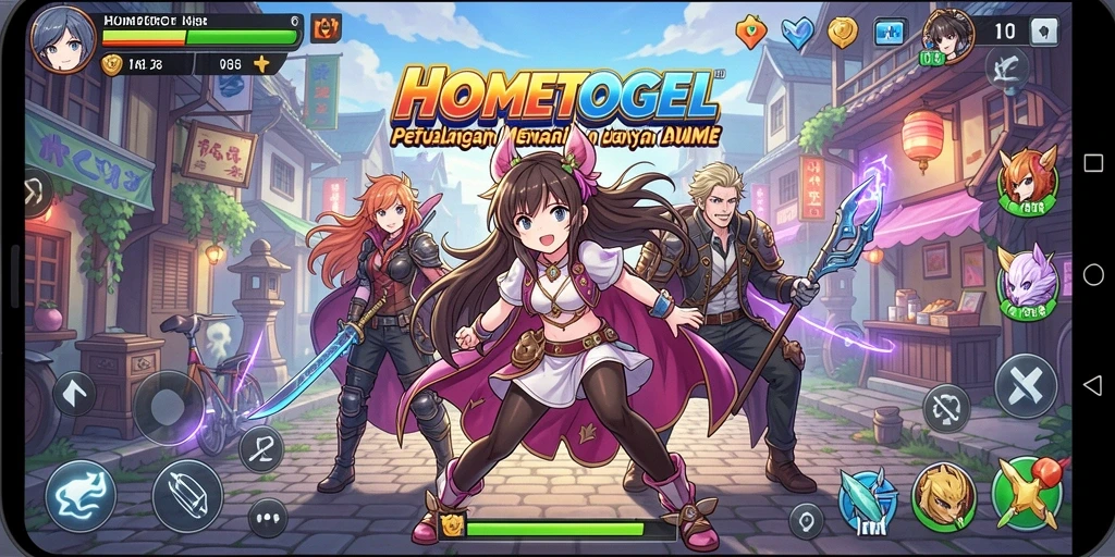Tampilan gameplay <strong>HOMETOGEL</strong> yang menampilkan karakter anime yang dinamis.
