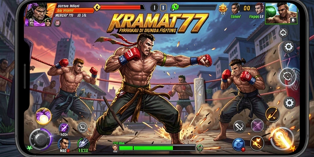 Screenshot KRAMAT77 menampilkan karakter-karakter bertarung dalam aksi seru.