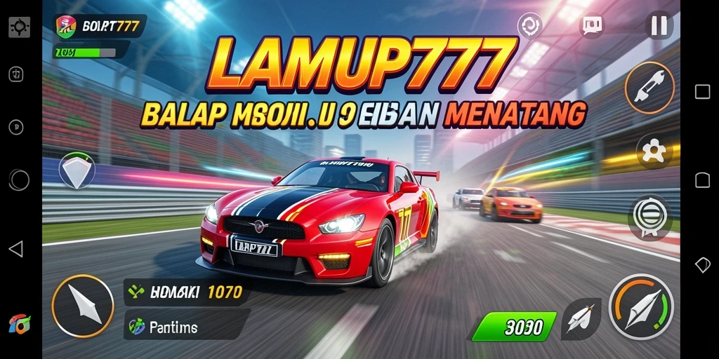 Screenshot gameplay LAMPU777 menampilkan balapan mobil yang mendebarkan.