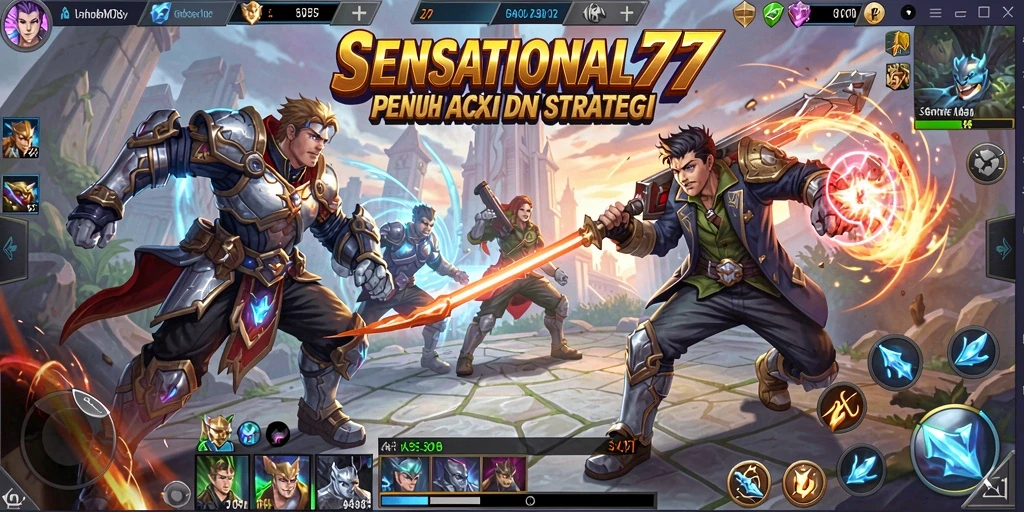 Screenshot SENSATIONAL77 menampilkan aksi pertempuran MOBA yang mendebarkan.